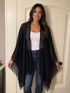 Curvy Sense Boho Chic Black Crochet Lace Kimono Cover Up 2\3X NWT